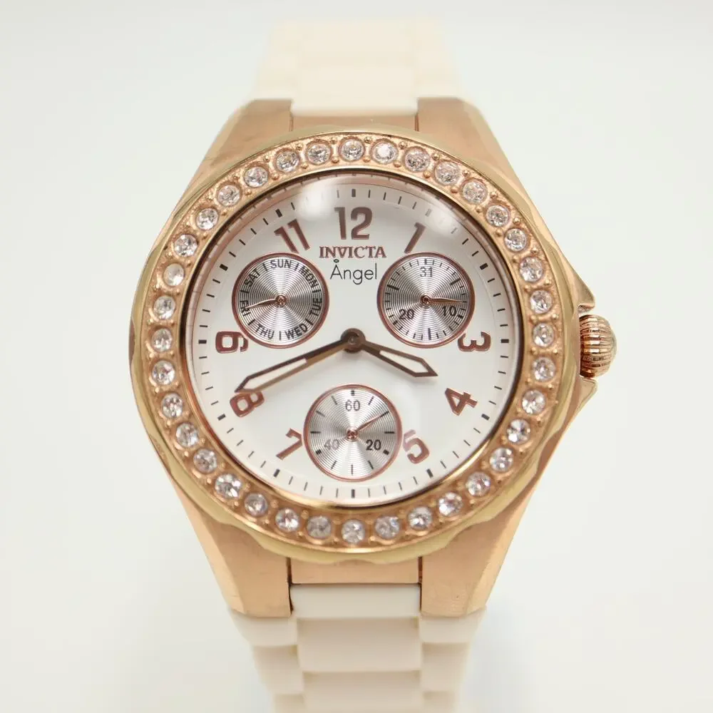 Invicta Angel Rose Gold Tone White 38mm Watch Calendar Silicone w New Battery